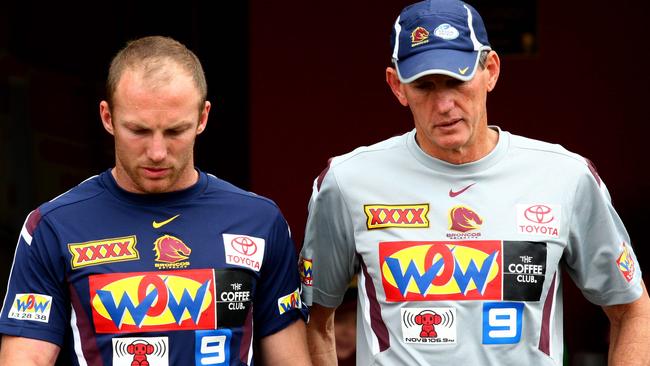 Darren Lockyer with coach Wayne Bennett at the final training session before the semi-final against Melbourne.