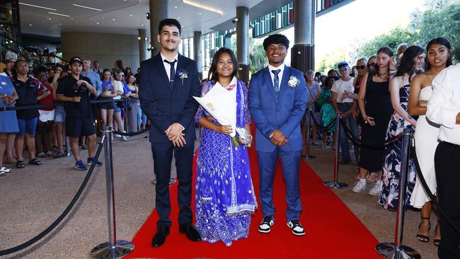 Toshi O'Sullivan, Rosmita Magae and Manish Darjce arrive at the Trinity Bay High School formal evening, held at the Cairns Convention Centre. Picture: Brendan Radke