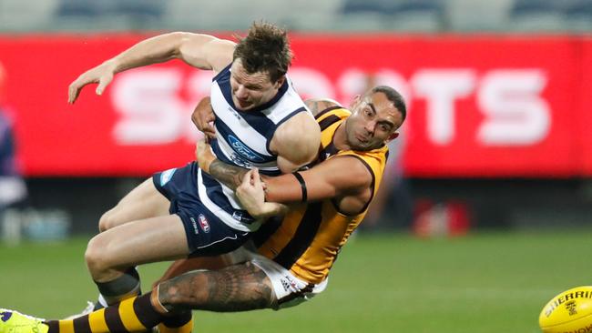 Burgoyne was also fined for this Round 2 tackle on Patrick Dangerfield, which prompted an AFL rule change. Picture: Getty Images