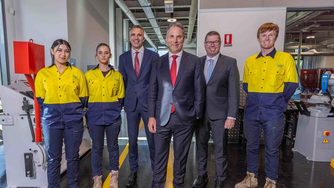 Premier Peter Malinauskas, Deputy Prime Minister Richard Marles and Minister for Defence Industry Pat Conroy with tech students Lili Lounavelis, Emma MacNeil-Gordon and Rory Frichot. Picture: NCA NewsWire / Ben Clark