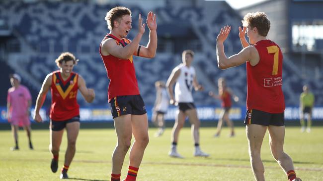 Jackson Mead, left, celebrates with Dylan Stephens at the 2019 under-18 championships. Picture: Dylan Burns/AFL Photos.