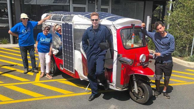 ON BOARD: From Zero Emissions Byron are Chris Sanderson, chair Vicki Brooke and Christobel Munson with SolarTuk expedition leader Julian O'Shea and expedition photographer Mario Gonzalez. Picture: Christian Morrow