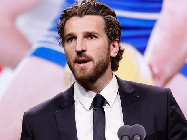 MELBOURNE, AUSTRALIA - AUGUST 29: Marcus Bontempelli of the Western Bulldogs is seen after winning the AFLPA MVP award during the 2024 AFL Awards at Centrepiece on August 29, 2024 in Melbourne, Australia. (Photo by Dylan Burns/AFL Photos via Getty Images)