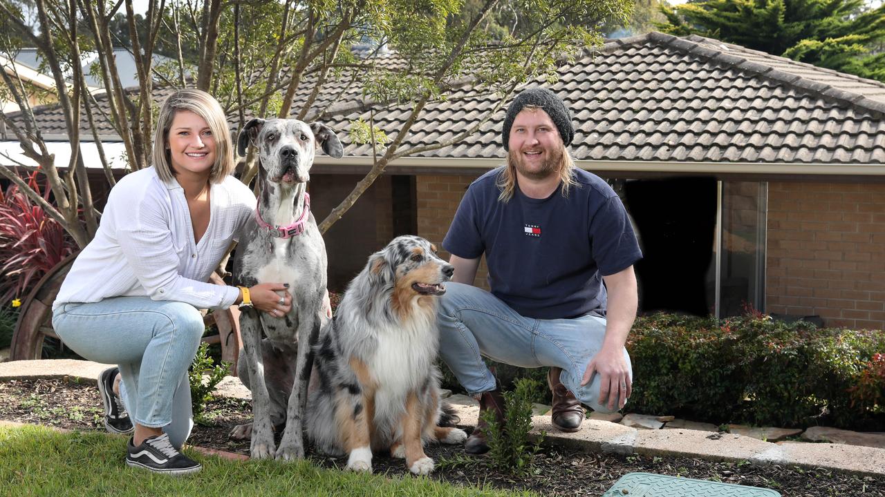 Indy Sinnott and Jae Edwards with their dogs Luna and Dexter at their home in Lobethal. Picture Dean Martin/Advertiser