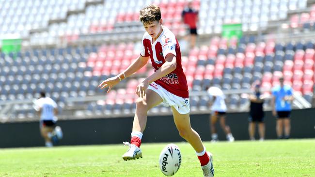 Redcliffe player kick the ball Connell Challenge under 16 rugby league match between Redcliffe and Souths Logan. Saturday February 18, 2022. Picture, John Gass