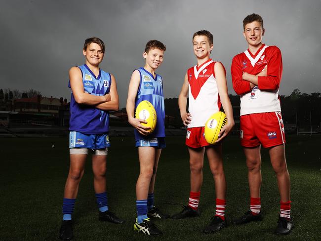 Captains from under 15's STJFL teams who will be playing in the grand final this weekend Lindisfarne's Darcy Goodwin, 13 and Archie Devine, 12 and Clarence's Lochie Davey, 13 and Elijah Ryan, 13. Picture: Zak Simmonds