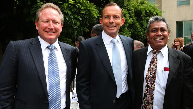 Richie Ah Mat, right, with Andrew Forrest and former PM Tony Abbott. Picture: Kym Smith