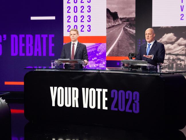 Chris Hipkins and Christopher Luxon in the first Leaders' Debate on TV1 19 September 2023picure suppliedcredit: TVNZ