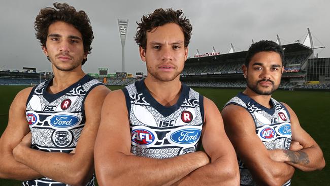 Zac Bates (right) during his time with Geelong. Picture: Mike Dugdale