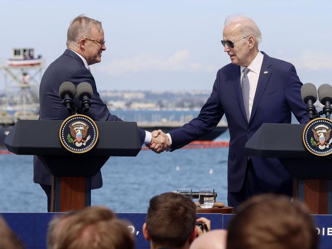 Prime Minister Anthony Albanese shakes hands with President Joe Biden after announcing Australia’s nuclear submarine plan in San Diego in March. Picture: Sandy Huffaker