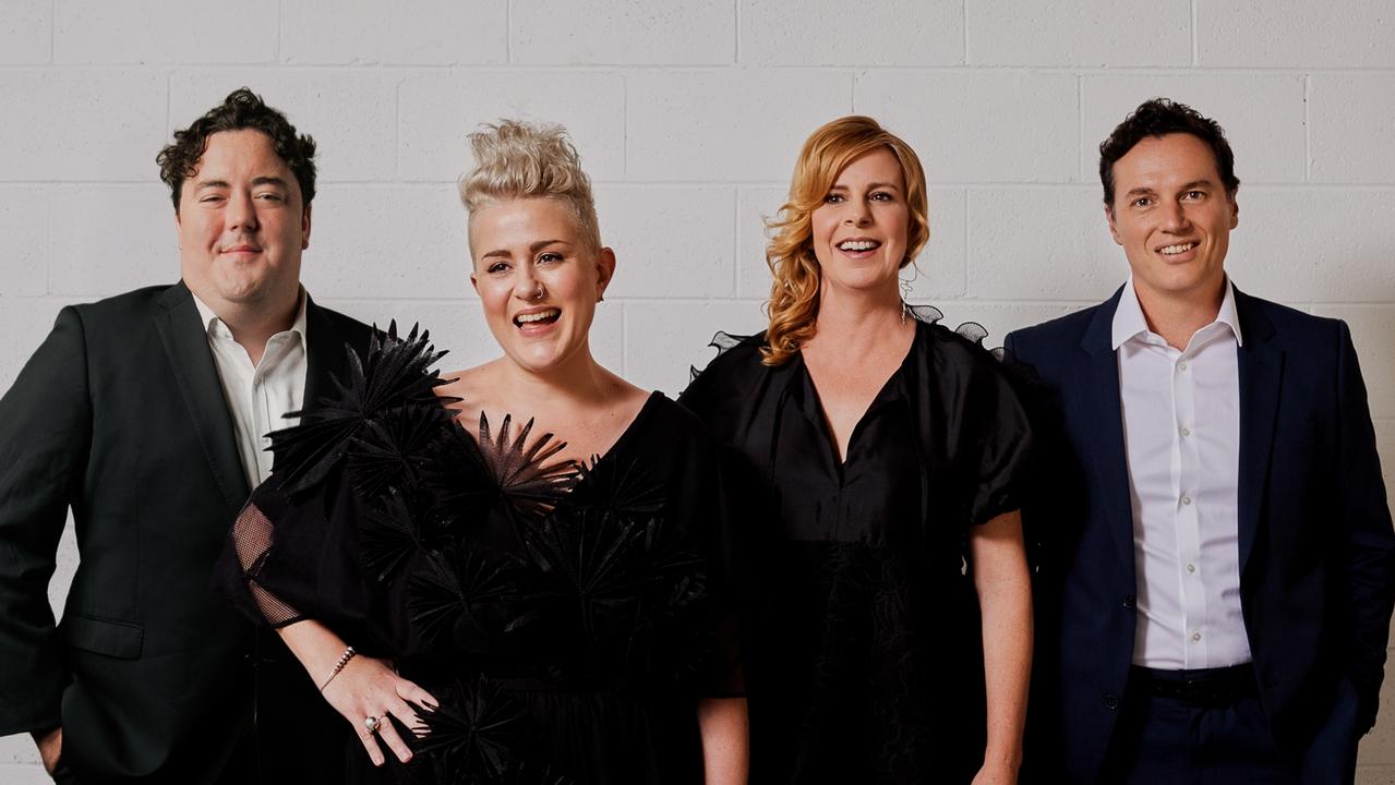 Australian Vocal Ensemble members Andrew O’Connor (bass-baritone), Katie Noonan (soprano &amp; artistic director) Fiona Campbell (mezzo-soprano), and Andrew Goodwin (tenor).