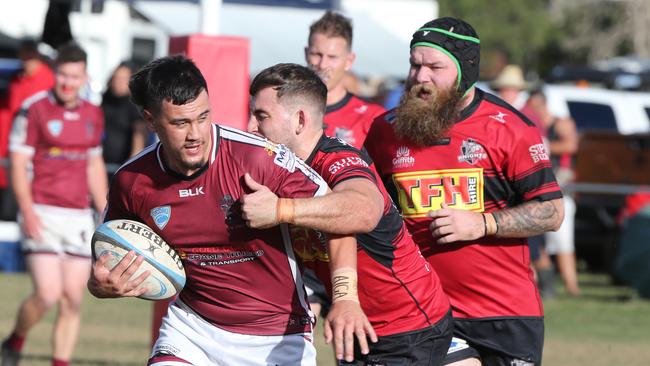 GCDRU Preliminary Final between the Nerang Bulls and the Griffith Uni Colleges Knights. Bulls player No 11 Logan Watene Knights Player No15 Jason Beeton Picture Mike Batterham
