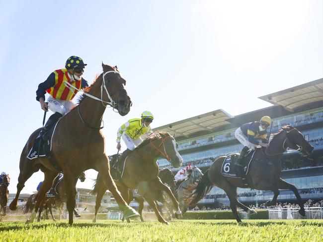 SYDNEY, AUSTRALIA - OCTOBER 16: James McDonald on Nature Strip wins race 7 The Tab Everest during Everest Day at Royal Randwick Racecourse on October 16, 2021 in Sydney, Australia. (Photo by Mark Evans/Getty Images)