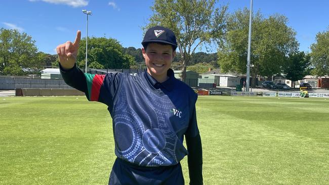 Victoria White player Dhanush Dahiya hit a six in the final over to win the game for his team at the School Sport cricket national titles. Picture: Shane Jones.