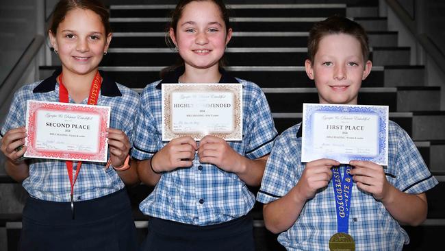 Isabel Cooks, Ellla Van Der Berg and Archer Renwick at the Gympie and District Eisteddfod. Picture: Patrick Woods.