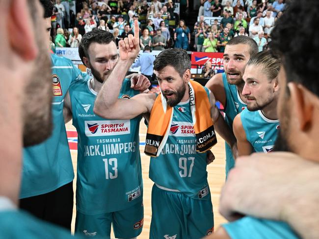 Jarrad Weeks of the Jackjumpers addresses the team after the win during the round 17 NBL match between Tasmania Jackjumpers and Perth Wildcats at MyState Bank Arena, on January 29, 2023, in Hobart, Australia. (Photo by Steve Bell/Getty Images)