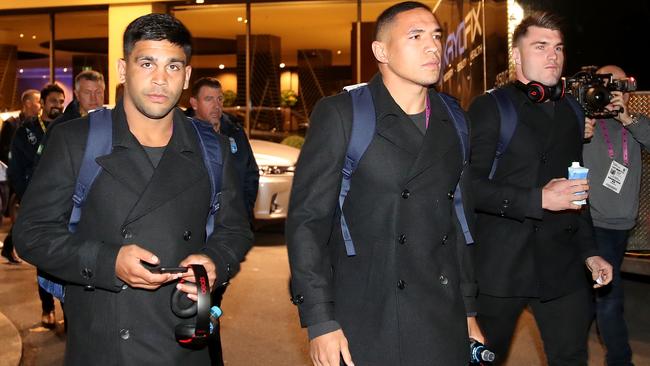 Tyrone Peachey, Tyson Frizell and Angus Crichton leave the team hotel. Picture: Getty Images