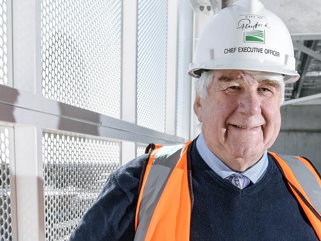 CEO of City of Playford Mal Hemmerling and Mayor Glenn Docherty in the new Windsor Carpark in Elizabeth, Adelaide, Tuesday, August 21, 2018. (AAP Image/Morgan Sette)