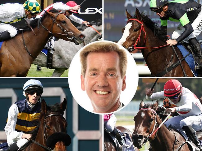 Ray Thomas (inset) is keen to back Sunshine In Paris (top left) and In Flight (top right) at Doomben on Saturday, as well as Jumeirah Beach (bottom right) at Scone. At Flemington, Athabascan (bottom left) is one of the key betting fancies in the Andrew Ramsden Stakes.