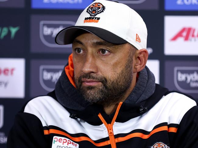 SYDNEY, AUSTRALIA - JUNE 30: Tigers coach Benji Marshall speaks to the media following the round 17 NRL match between Sydney Roosters and Wests Tigers at Allianz Stadium, on June 30, 2024, in Sydney, Australia. (Photo by Brendon Thorne/Getty Images)