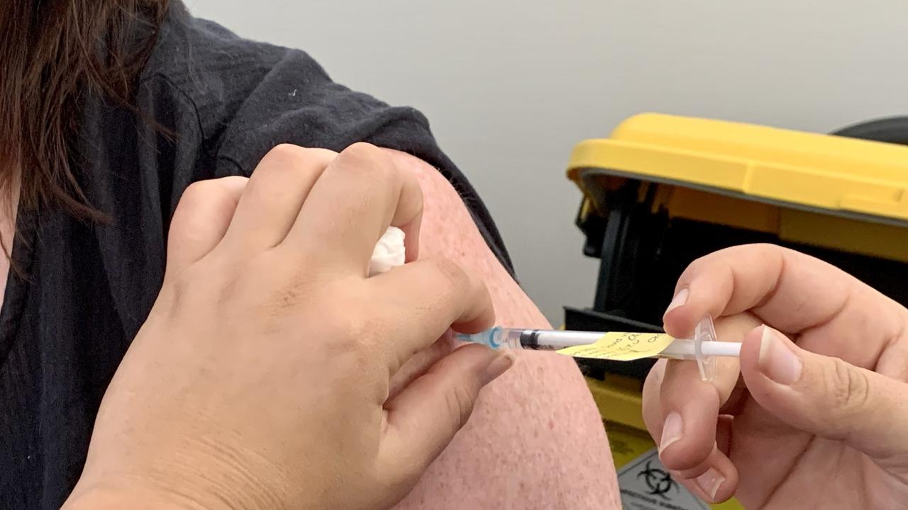 Daily Mercury editor Rae Wilson getting her Covid-19 Pfizer vaccination at the new vaccination hub at CQUniversity's Mackay city campus. Generic, covid, jab, needle, vaccine, Pfizer, covid Mackay, coronavirus.