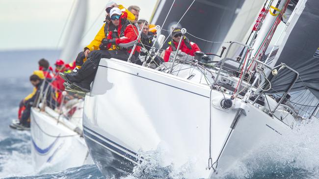 Crews hammer out of Port Phillip Bay in blustery conditions on Sunday at the start of the Melbourne to Devonport Rudder Cup ocean classic. Picture: Steb Fisher