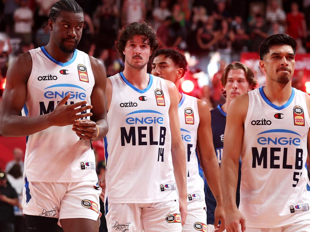 Dejected Melbourne United players after defeat to Illawarra Hawks in the NBL semi finals. Photo: Mark Kolbe/Getty Images.