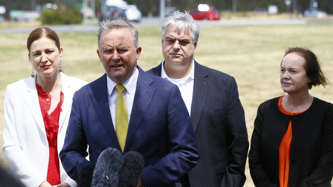 Labor leader Anthony Albanese alongside Member for Franklin Julie Collins, Member for Lyons Brian Mitchell and Senator Carol Brown Picture: MATT THOMPSON