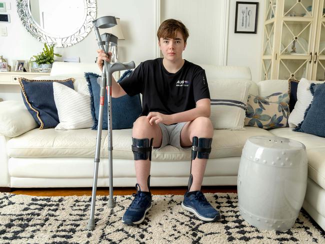 Hamish Lilley says the leg braces help him with walking and staying upright. Picture: Richard Walker