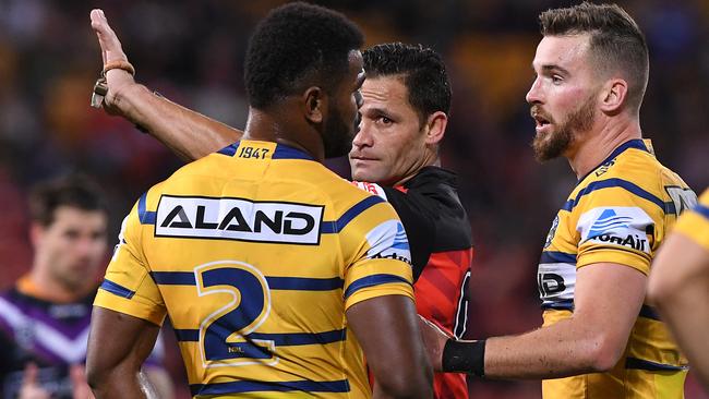 Clint Gutherson looks on as Maika Sivo is sent off for a high shot on Jahrome Hughes. Image: AAP Image/Dave Hunt