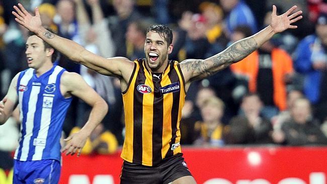 THIRTEEN! Lance Franklin celebrates his now famous goal in Launceston.