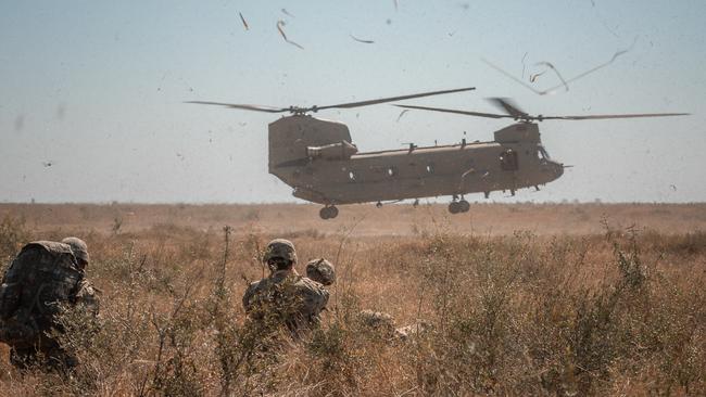 An Australian Army CH-47 Chinook helicopter arrives to transport US Army paratroopers during Exercise Talisman Sabre 2021 in July. Picture: ADF