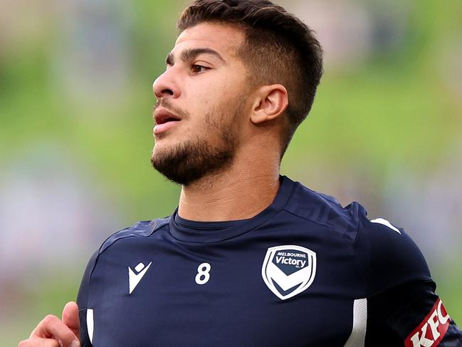 MELBOURNE, AUSTRALIA - MAY 05: Zinedine Machach of Melbourne Victory warms up ahead of the A-League Men Elimination Final match between Melbourne Victory and Melbourne City at AAMI Park, on May 05, 2024, in Melbourne, Australia. (Photo by Jonathan DiMaggio/Getty Images)