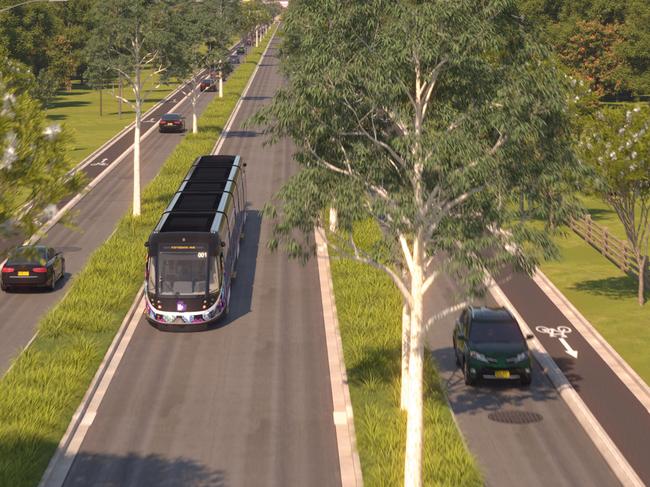 Artist's impressions of a rapid transit corridor proposed for Fifteenth Ave by Liverpool Council. It would connect the city to the Western Sydney International Airport.