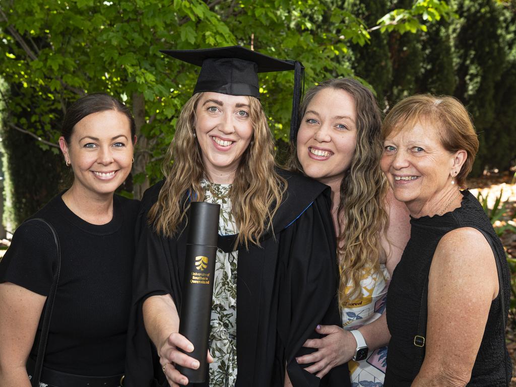 Bachelor of Nursing graduate Jess Baartz with (from left) Sam Townend, Greer Baartz and Diane Baartz at a UniSQ graduation ceremony at The Empire, Tuesday, October 29, 2024. Picture: Kevin Farmer