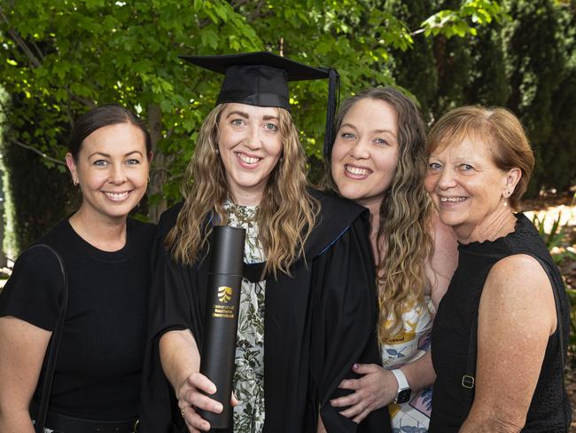 Bachelor of Nursing graduate Jess Baartz with (from left) Sam Townend, Greer Baartz and Diane Baartz at a UniSQ graduation ceremony at The Empire, Tuesday, October 29, 2024. Picture: Kevin Farmer