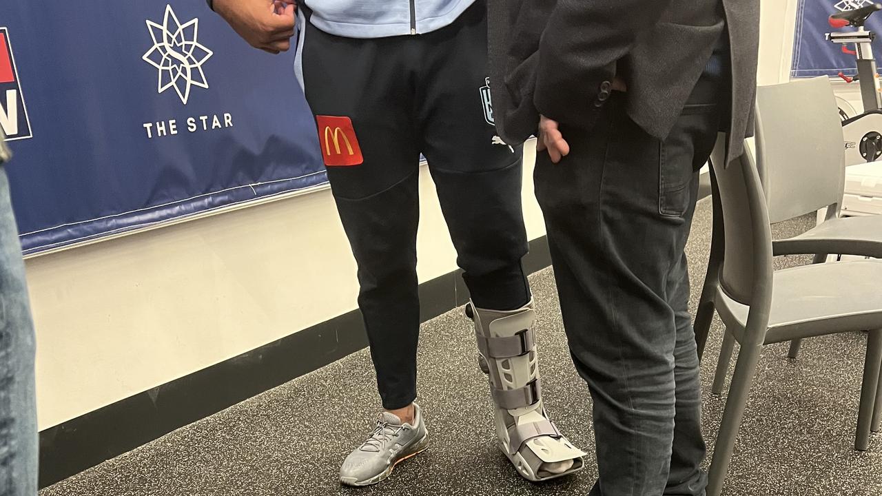NSW star Payne Haas was spotted in a moon boot after the Blues' Game II win.