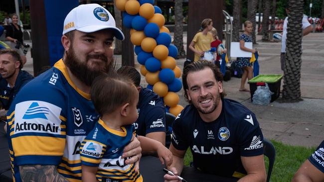 Jordan Keating and Jr Keating meet Eels captain Clint Gutherson at the Darwin Waterfront. Picture: Pema Tamang Pakhrin