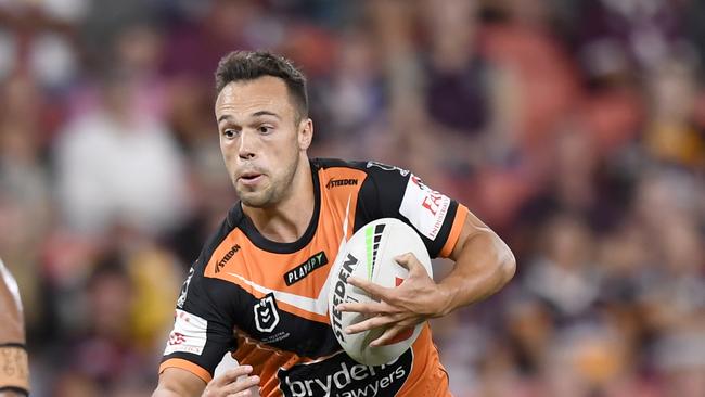 Luke Brooks is off-contract at the end of 2023 and is the Tigers are yet to open extension talks with the under fire halfback. Picture: NRL Photos.