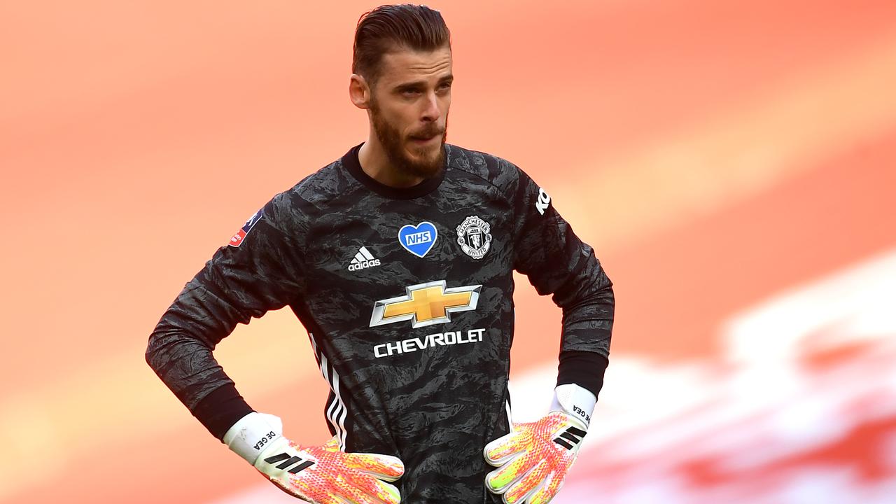 LONDON, ENGLAND - JULY 19: David De Gea of Manchester United reacts during the FA Cup Semi Final match between Manchester United and Chelsea at Wembley Stadium on July 19, 2020 in London, England. Football Stadiums around Europe remain empty due to the Coronavirus Pandemic as Government social distancing laws prohibit fans inside venues resulting in all fixtures being played behind closed doors. (Photo by Andy Rain/Pool via Getty Images)