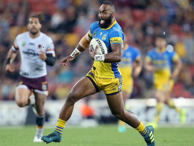 Semi Radradra runs in one of his four tries for Parramatta. Picture: AAP