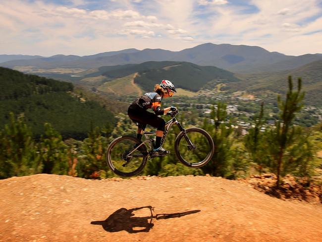 15/12/2016: Rhiannan Gallagher (14) tests out the new 'Hero' run at Mystic Mountain Bike Park, above Bright. Stuart McEvoy for the Australian.