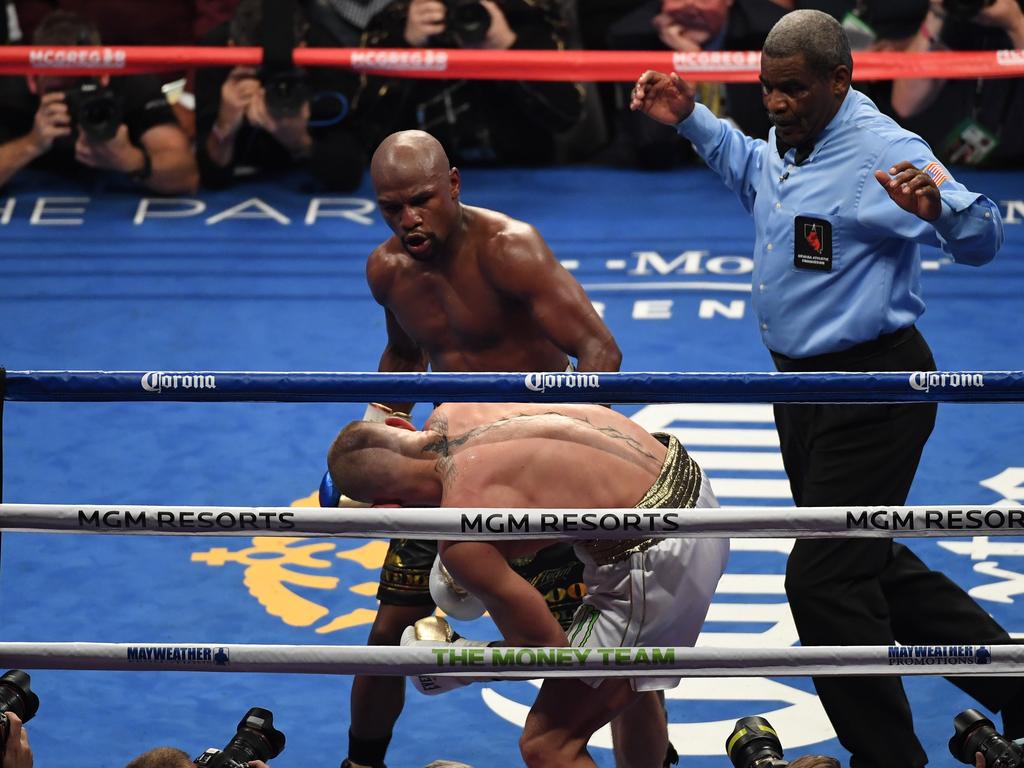 He may have won the battle of the microphone but he was badly outclassed in the ring as Mayweather stopped him in the 10th round without ever being threatened. (Photo by Ethan Miller/Getty Images)