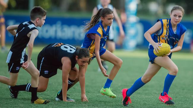 Indiana Mills looks for support during the Wanderers U12s all girls’ team’s breakout win against a Palmerston mixed players’ side. Picture: Glenn Campbell