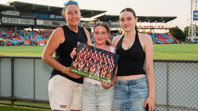 Danielle Clay, Jordan Clay and Peyton Clay as thousands of fans gathered for the AFLW Dreamtime game between Richmond and Essendon in Darwin. Picture: Pema Tamang Pakhrin