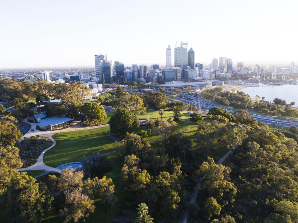 Aerial view of Kings Park and Botanical Garden with Perth City skyline in the background. Picture: Tourism Western Australia