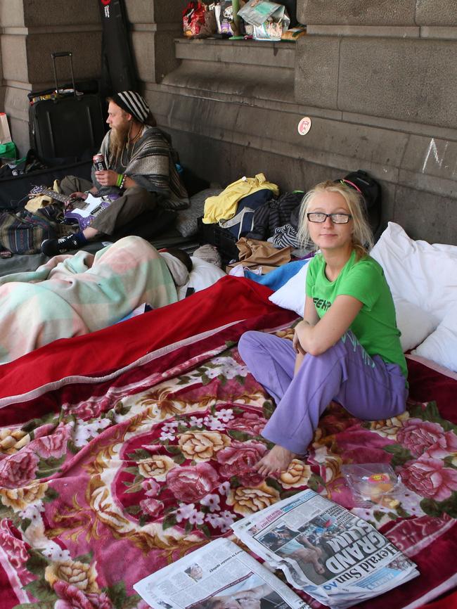 Homeless camp in Flinders St. Thursday, Jan 19. 2017. Picture: David Crosling