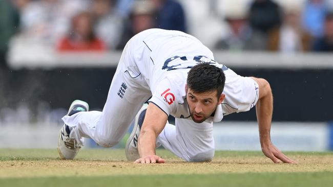 Mark Wood hits the deck at The Oval. Picture: Getty Images