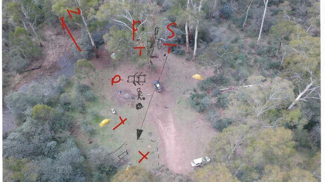 A birds eye photo of Bucks Camp with drawing by Mr Lynn indicating where he and Mr Hill fought over the knife. Picture: Supplied/ Supreme Court of Victoria.