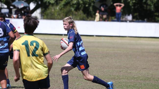 Action galleries of the junior rugby union grand finals, match played at Surfers Paradise Home Ground. Helensvale Hogs Vs Surfers Paradise Dolphins under 13s division. Hogs player Nate Te Whitu. Picture Mike Batterham